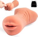 Roze masturbator met mondopening en vaginale opening, met een zwarte opbergtas op de achtergrond.