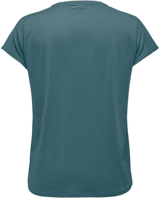 Achterkant van een petrolkleurig sportshirt met korte mouwen en een ronde hals, met tekstprint.