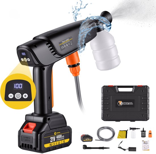 Borstelloze Draadloze Hogedrukreiniger 120 bar 21V 6-in-1 Mondstuk 600 l/h Accu 4.0Ah CONENTOOL