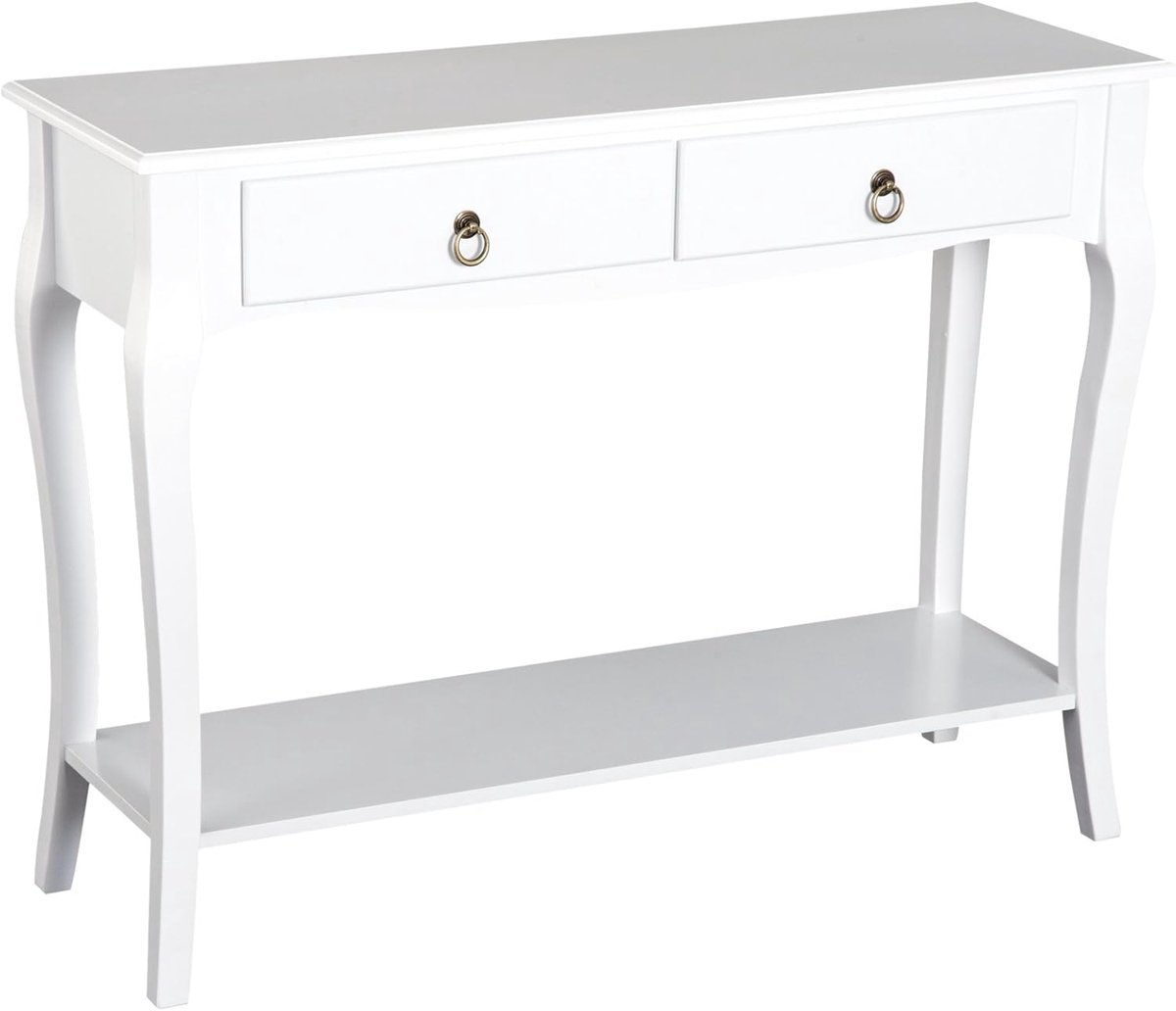 Corenia Sidetable – Consoletafel – Wandtafel – Haltafel – Dressoir – Wit – MDF Met Houten Poten – Compact 100x33x75 cm – 2 Laden