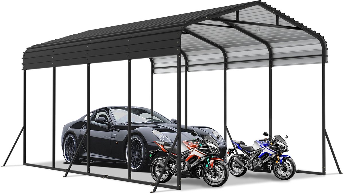 ACXIN Auto Garage Tent - Metalen Carport - Robuuste Buiten Overkapping - 12x20FT - Verzinkt Dak - Zwart - Bescherming Auto & Boot