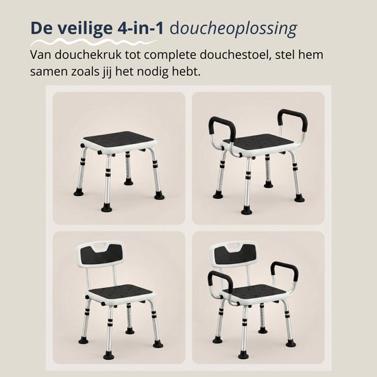 BY JRM® Douchestoel - Douchekruk - Incl. badset, douche puff en douchekophouder - Met Armleuning - Hoogte Verstelbaar - Antislip - Zwart