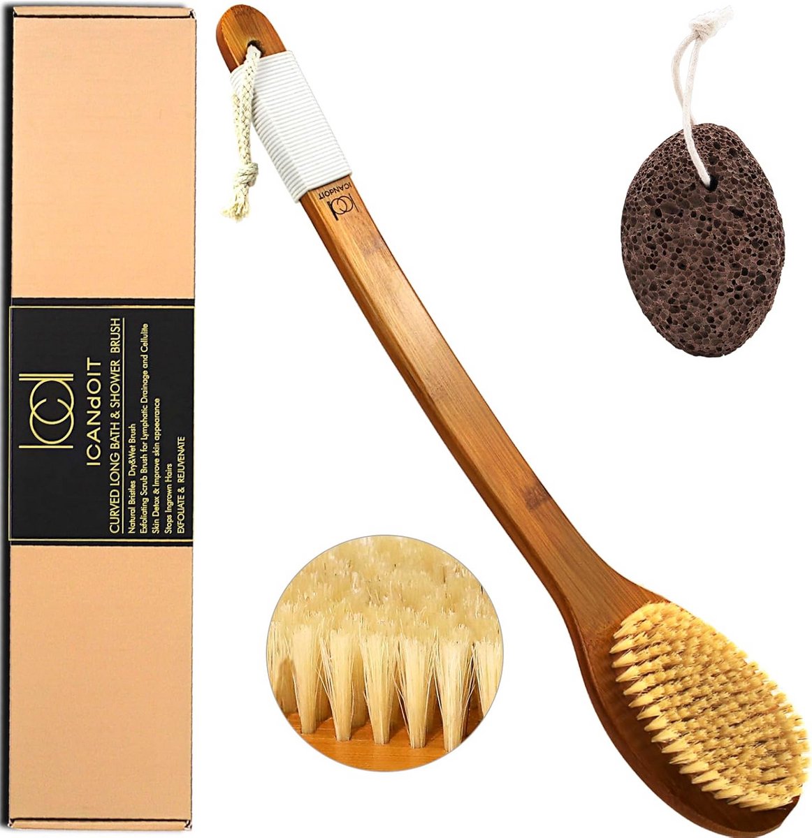 Doucheborstel met lange steel en natuurlijke borstelharen voor een zachte scrub