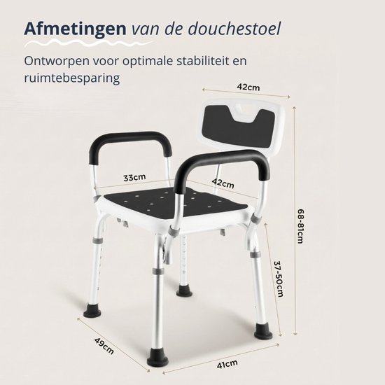 BY JRM® Douchestoel - Douchekruk - Incl. badset, douche puff en douchekophouder - Met Armleuning - Hoogte Verstelbaar - Antislip - Zwart