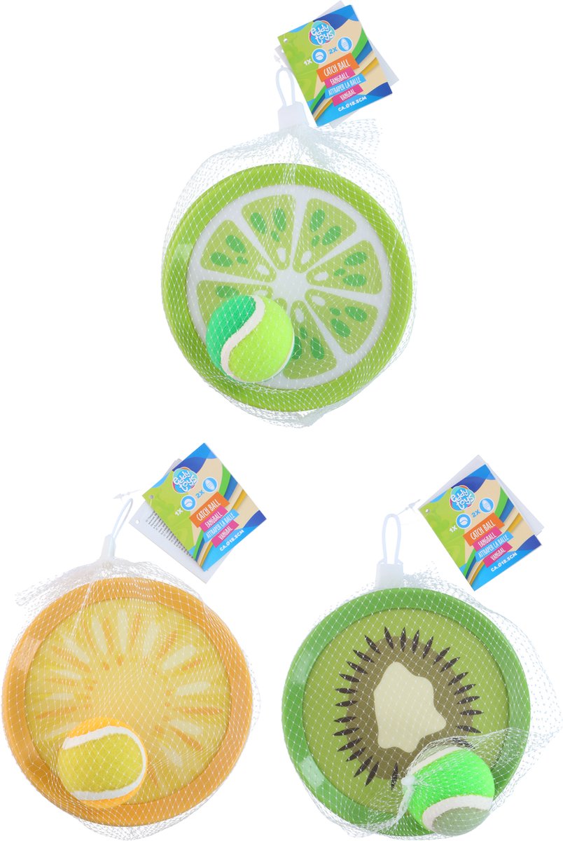 Eddy Toys vang- en werpspel fruit 3-delig - kunststof vangbordjes met bal - vrolijke fruitprints - buitenspeelgoed voor kinderen en volwassenen - diameter 18,5 cm - groen, lichtgroen, geel