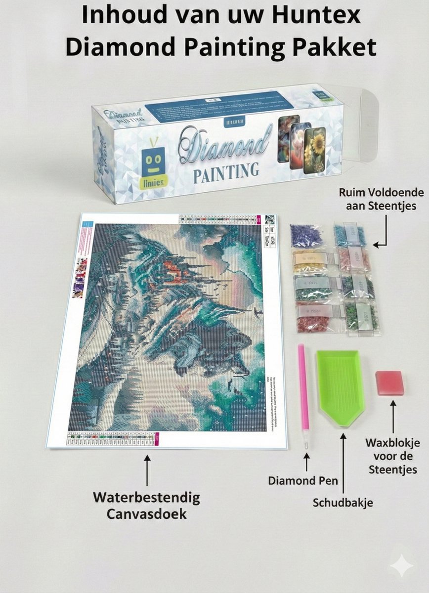 Huntex Diamond Painting Volwassenen - Diamond Painting Kinderen - Diamond Painting Pakket Volledig - Wolf Berg Kasteel - 30x40 cm — afbeelding 4