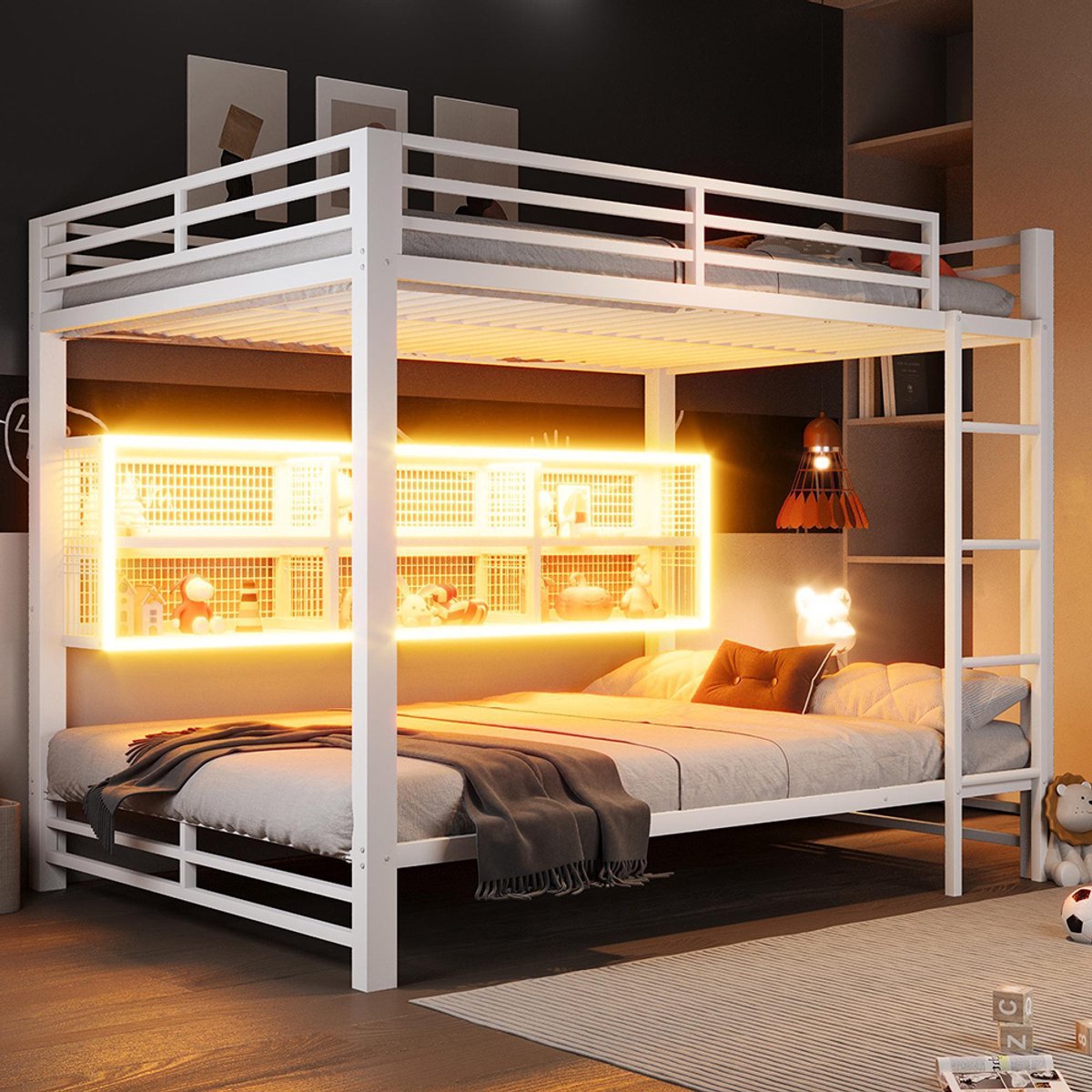BLACKCOLORS Stapelbed 140 x 200 met opbergkasten en ledverlichting, wit