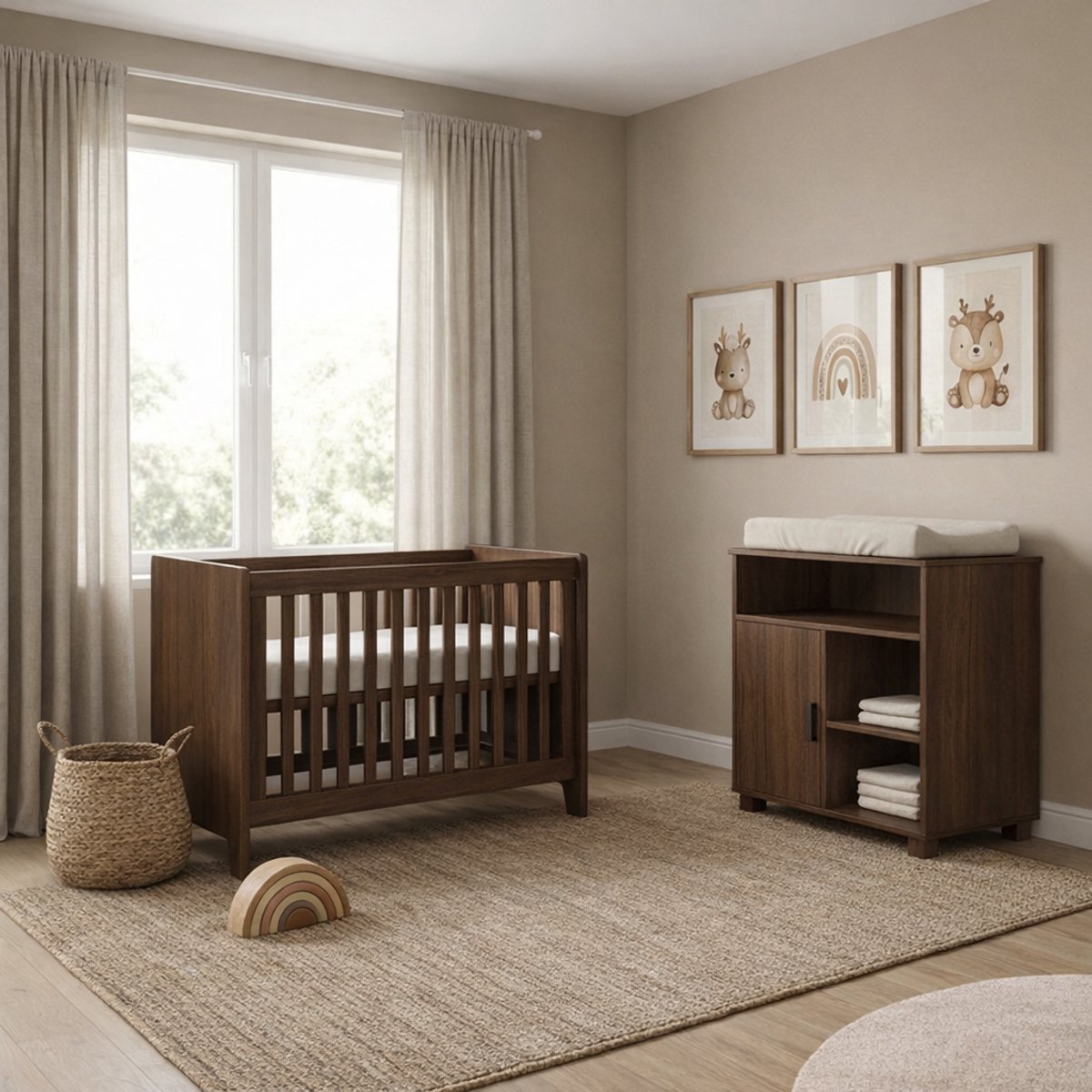 Born Lucky Roan Babykamer 2 Delig Compleet – Baby bed 60x120 cm & Commode – Walnut