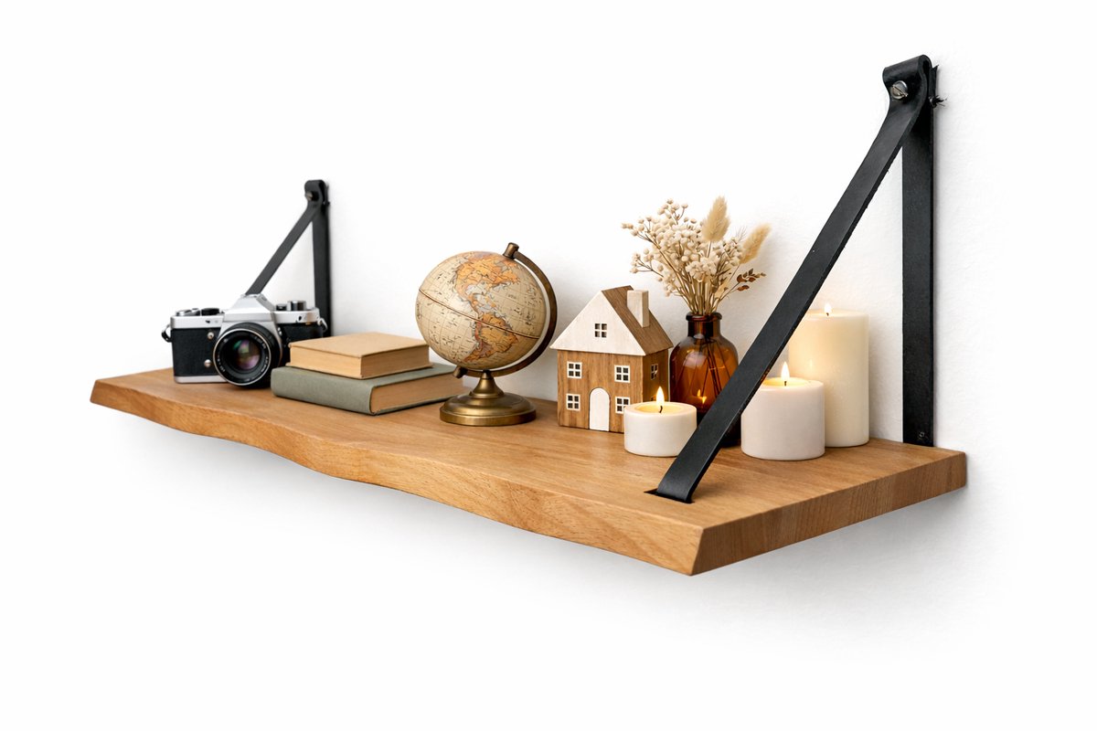 Industrial Living Wandplank 80x18 cm - Massief Beukenhout met Leer - Zwevende Boekenplank met Lederen Lussen - Zwevend Industrieel Muurplank van Beuken Hout - Rustiek Plank voor Muur met Leren Riemen