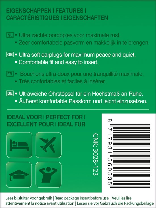 Achterkant van een groene verpakking met Nederlandse, Engelse, Franse en Duitse producteigenschappen, iconen en barcode.