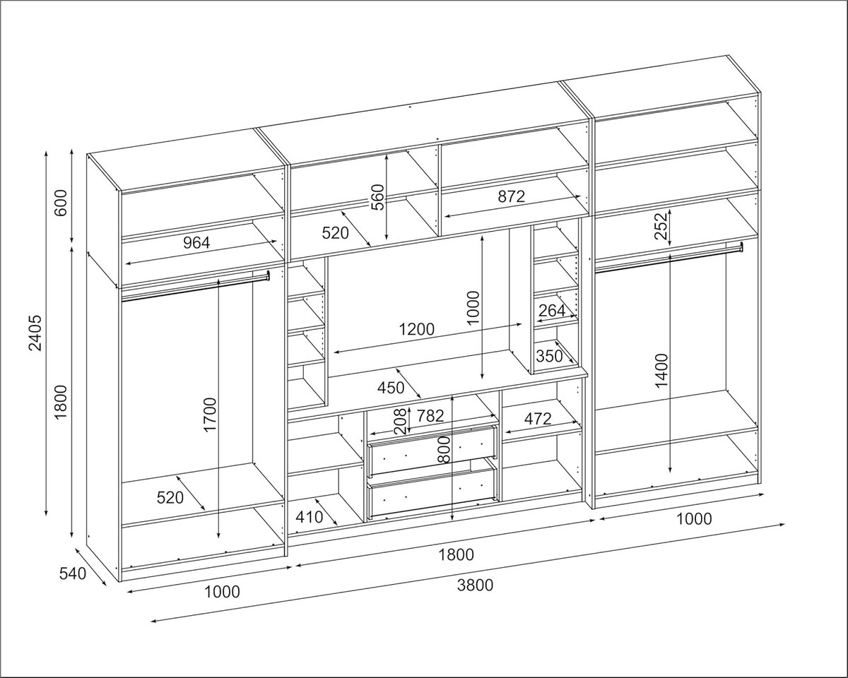 Woonkamer Kastwand 380 x 240 x 54 cm – Moderne 3-delige TV- en Opbergkast met Bovenkasten,