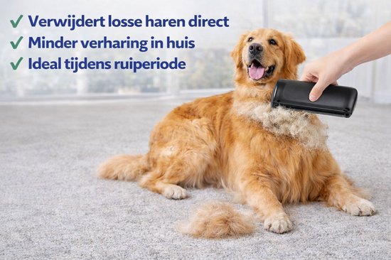 Golden retriever wordt geborsteld met zwarte zelfreinigende borstel, minder verharing in huis.