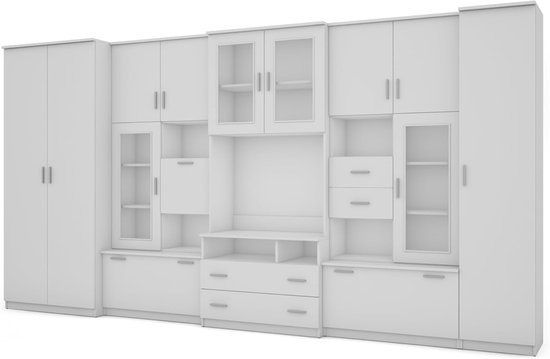 Witte modulaire wandkast met vitrinekasten, lades en een tv-nis.