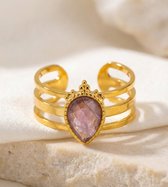 Lundholm Amara Ring Dames Goudkleurig – Premium Stainless Steel 2.5 Micron PVD Gold Plated – Verstelbare Ring met Paarse Steen Ringen Dames – One Size – Scandinavisch Design