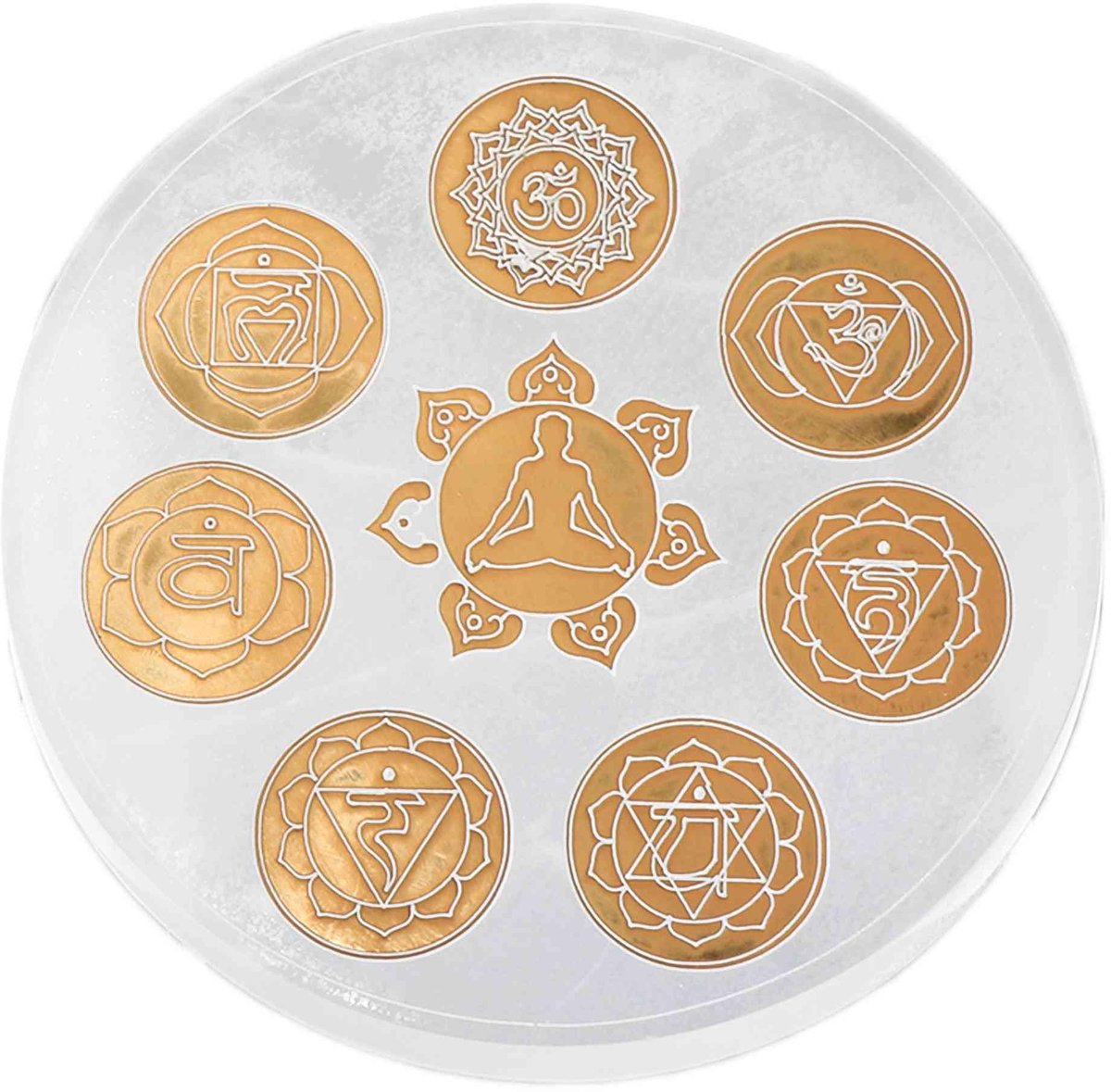 Selenieten Chakra Energieplaat - 7 Chakra Symbolen - Diameter 15 cm