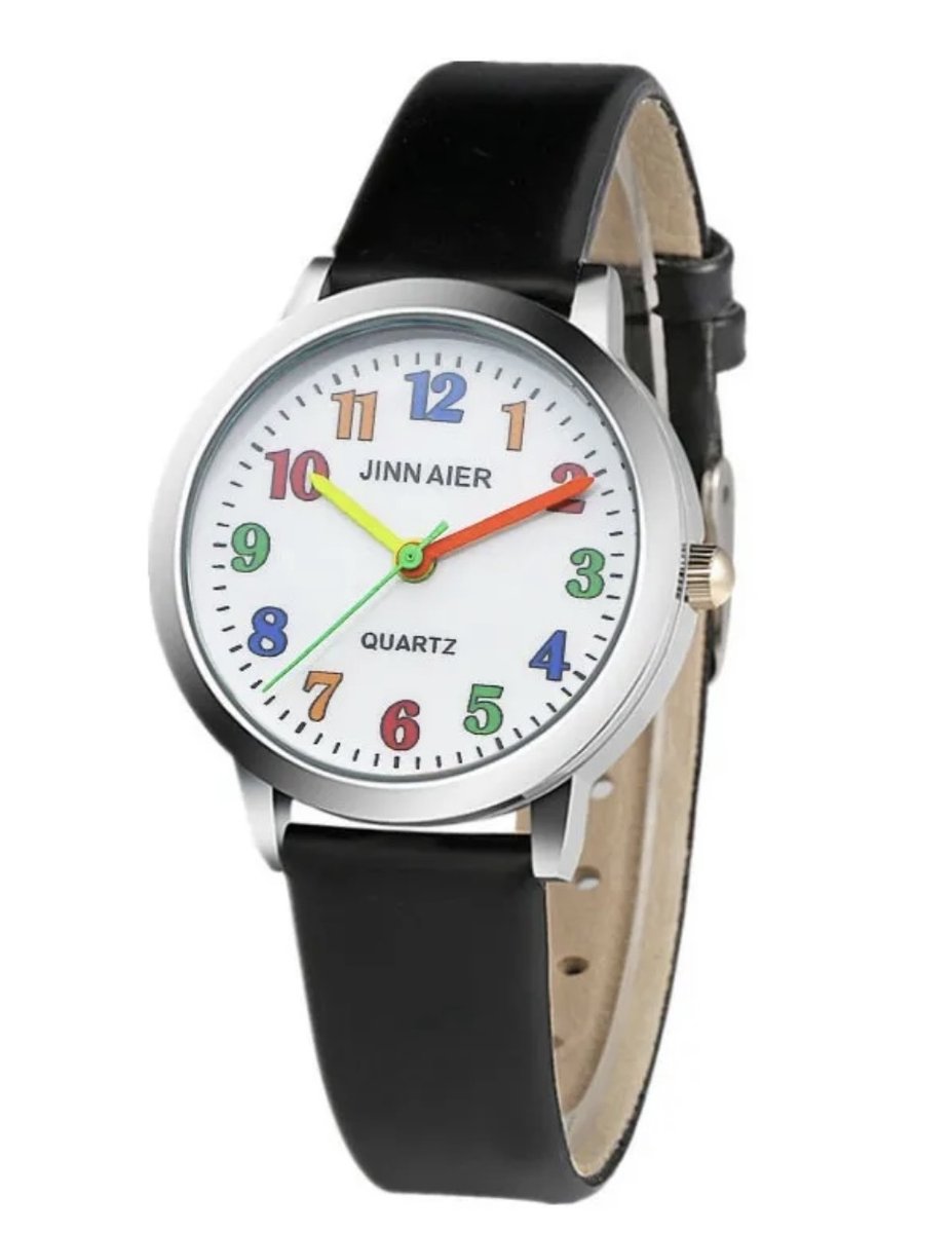 12Getit Meisjes horloge zwart met gekleurde cijfers en leer bandje