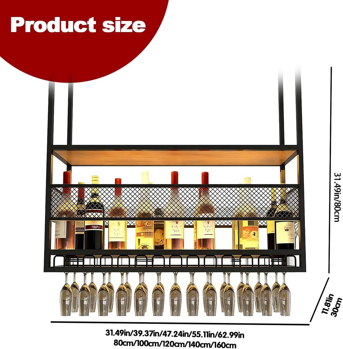 Hangend Wijnrek 2-Laags Metalen Bardisplay voor Wijnglas en Flessen Zwart 180cm
