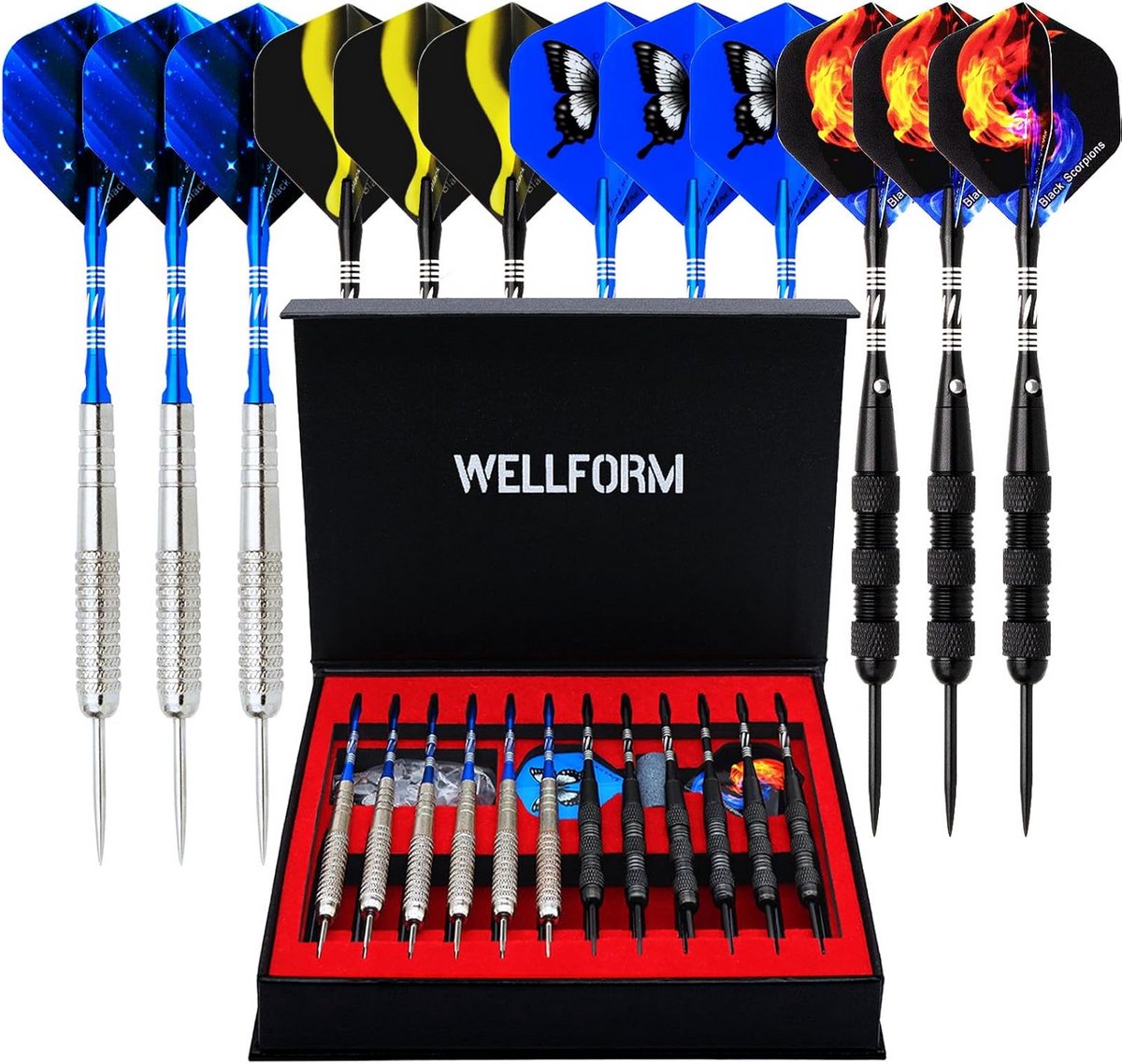 Professionele Stalen Tip Darts Set, 12 Stuks met Aluminium Assen en Accessoires