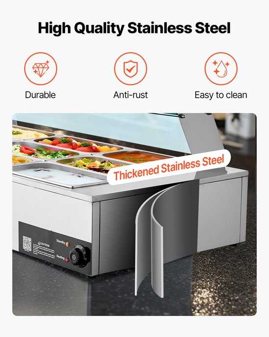 Commerciële Voedselverwarmer - Elektrische Bain-marie/Chafing Dish - Vermogen 1,7 kW - Set 12x GN 1/3 Bakken - RVS - Glazen Deksel - Met Soeplepel — afbeelding 2