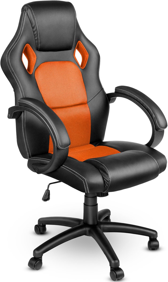 TRESKO® Racing directeursstoel bureaustoel draaistoel 14 kleurvarianten, gevoerde armleuningen, wipmechaniek, liftsysteem SGS-getest (zwart/oranje)