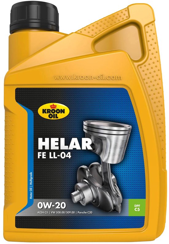 Gele jerrycan Kroon-Oil Helar FE LL-04 motorolie 0W-20 met afgebeelde zuiger en drijfstang.