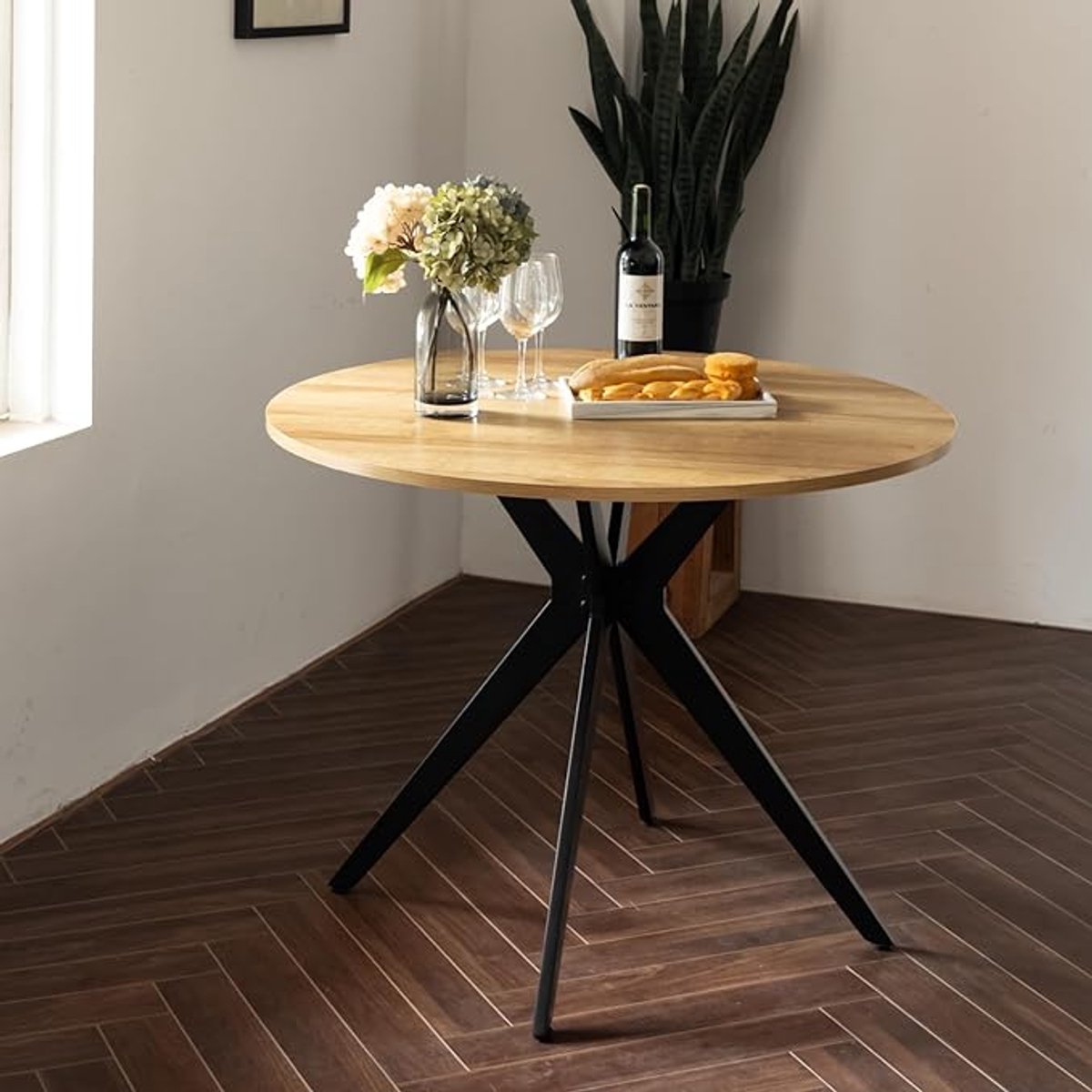 Ronde Compacte Eettafel 100 x 100 cm - Luxe Keukentafel & Eetkamertafel voor 4 personen - Eiken Houtblad met Zwart Metalen Frame - Perfect voor Keuken, Woonkamer en Kantoor Casa Serena – Casa Dorada