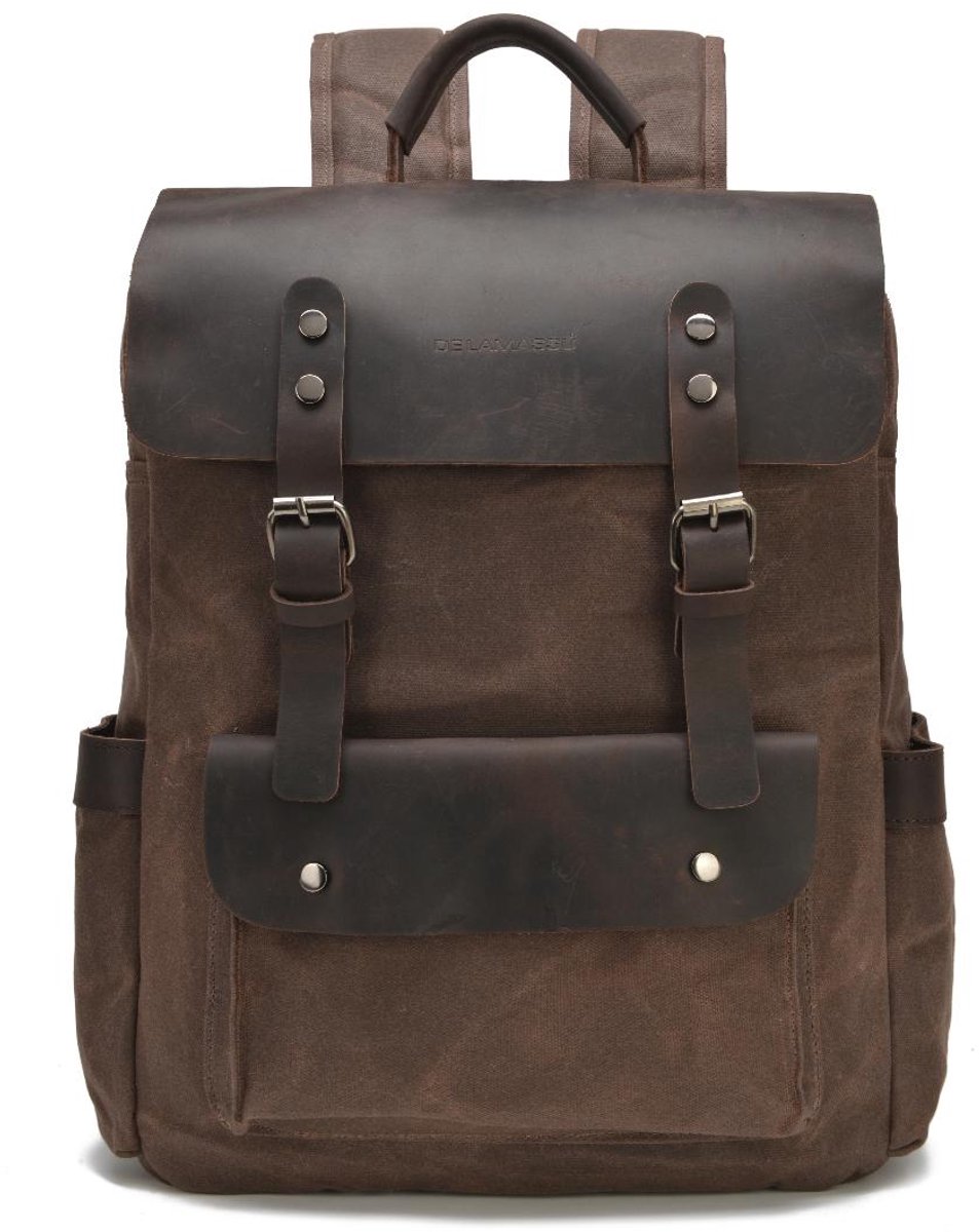 DE LAMASSU® Vintage Canvas Rugzak 15 inch Laptop – Waterafstotend – Echt Leer – 31x11x45 cm – Unisex – Werk & Reizen