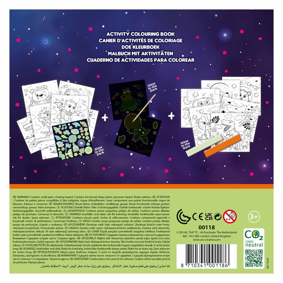 SES Creative- Doe kleurboek glow in the dark 3 in 1 - scratch, stickers en kleurplaten - met scratch pen – kleurboek voor kinderen — afbeelding 3