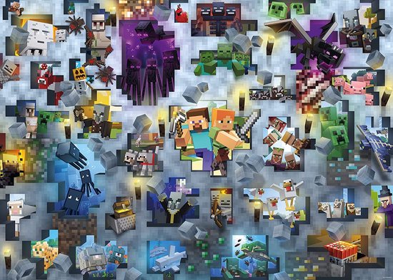 Gedetailleerde Minecraft legpuzzel van 1000 stukjes met Steve, Alex, Creepers en de Enderdraak.