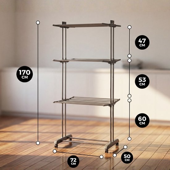 Afmetingen van een donkergrijs kledingrek met 3 lagen: 170 cm hoog, 72 cm breed en 50 cm diep. Secties van de staaf zijn 47 cm, 53 cm en 60 cm.