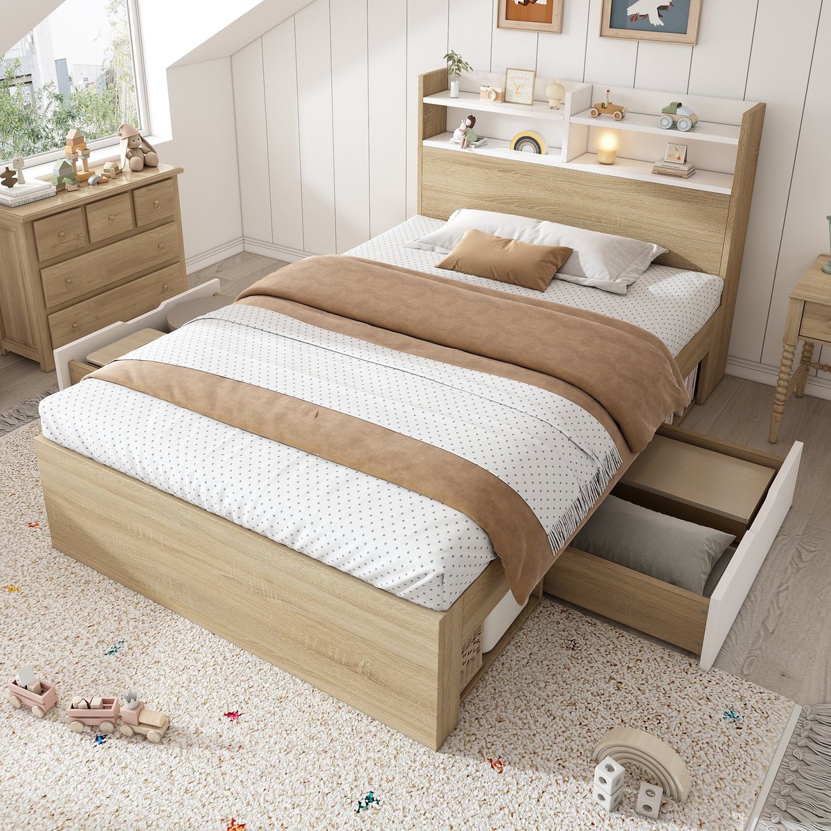 HAUSS SPOLE Eenpersoonsbed 90x200cm - Zonder Matras - Houten Bed Met Hoofdbord Met Opbergvakken - Met 2 Laden En Open Vakken - Wit Eik
