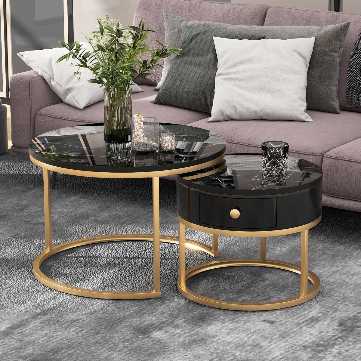 HAUSS SPOLE Salontafelset - Nestbaar Rond 2 Delig Met Hoogglans Marmerpatroon - Ruimtebesparend Voor Woonkamer Slaapkamer - MDF - Zwart - 70x70x48