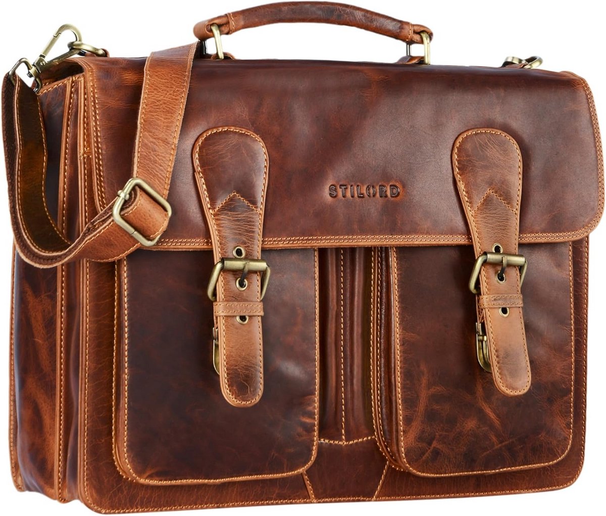 Grote Vintage Leren Aktetas Heren voor 15.6 Inch Laptop - Ruime Business Schoudertas