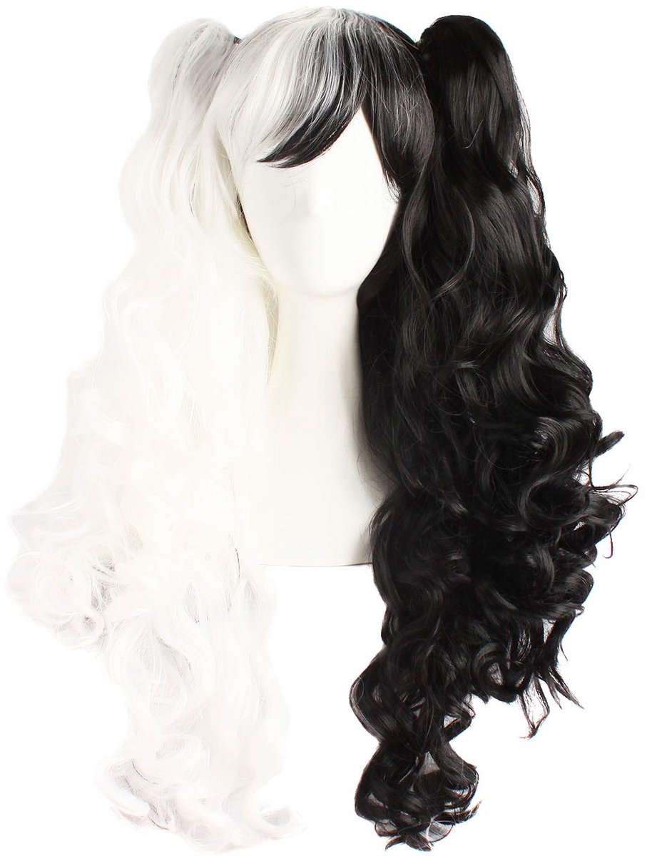 Daity Een veelkleurige Lolita-stijl pruik met lange krullen en clipsluiting voor cosplay (zwart en wit).