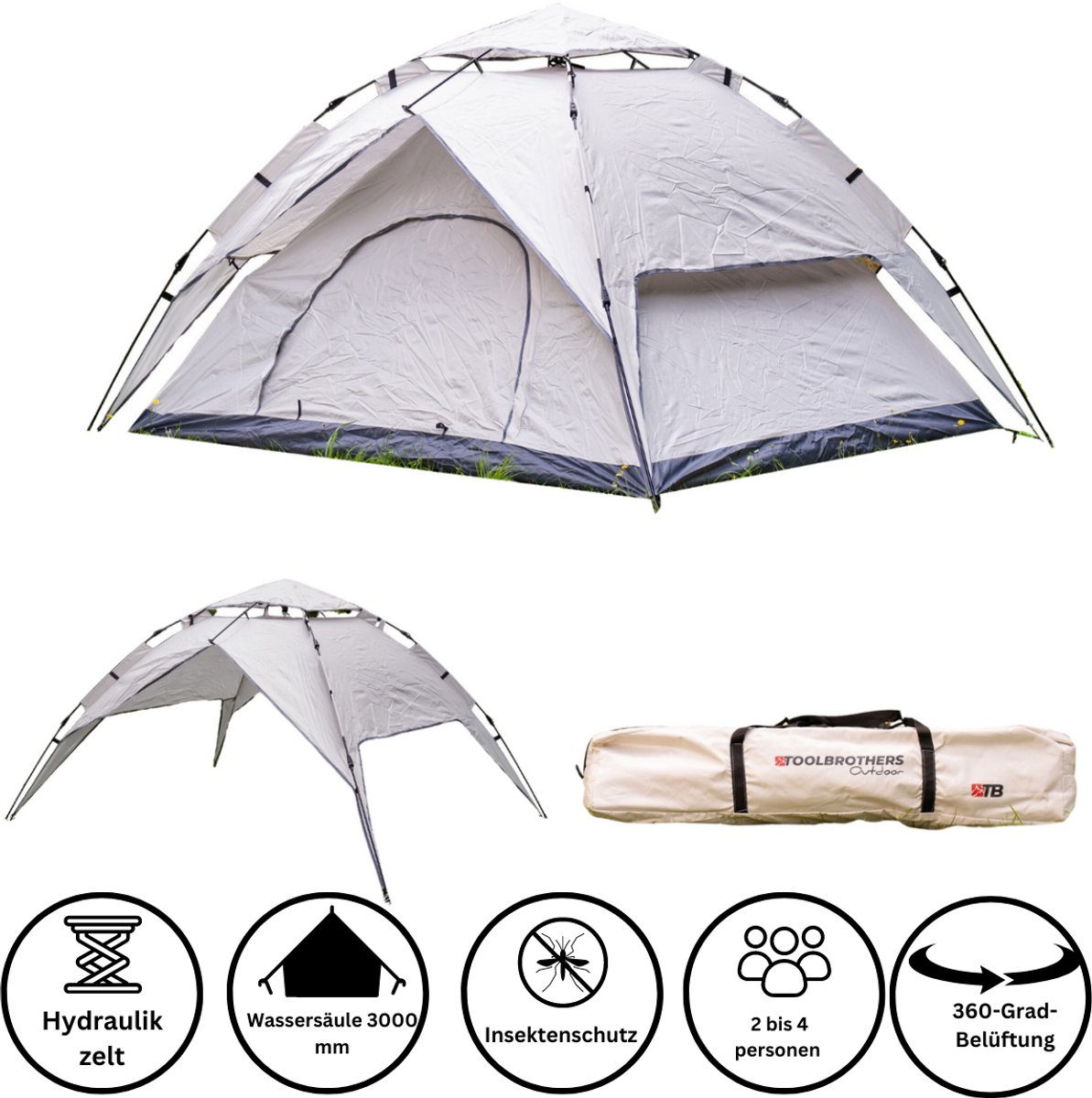 Toolbrothers Outdoor Kampeertent voor 2-4 personen Koepeltent Hydraulische tent Pop-up tent Waterdicht, 2000-3000 mm waterkolom