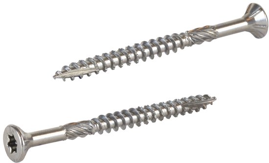 Twee roestvrijstalen spaanplaatschroeven met deeldraad, Torx 20 platkop en snijpunt.