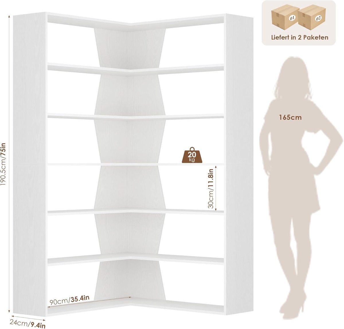 Hoekboekenkast 190 cm – Casa Velluto Angolo Prestige – L-Vormige Boekenkast met 6 Niveaus – Staand Hoekrek 90 x 90 x 190,5 cm – Moderne Hoekkast Wit voor Woonkamer, Werkkamer en Planten