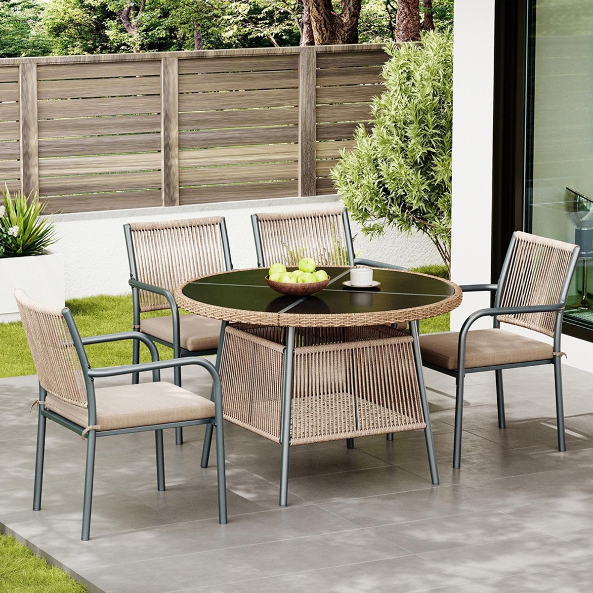 BLACKCOLORS Moderne rieten tuinmeubelset, ronde glazen tafel + 4 stoelen met armleuningen, ijzeren frame, geschikt voor terras/balkon/terras