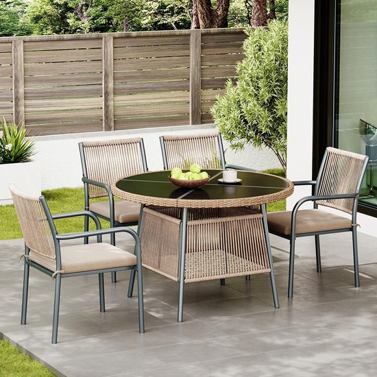 BLACKCOLORS Ensemble de mobilier de jardin moderne en rotin, table ronde en verre + 4 chaises avec accoudoirs, cadre en fer, convient pour terrasse/balcon/patio
