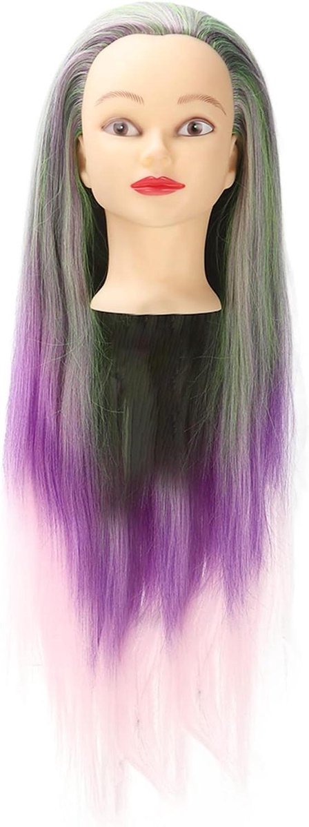 Pruik haar mannequinhoofd met groen paars kleurverloop en praktische vlechten training - poppenkop display - kapsel oefenen - haar styling praktijkhoofd