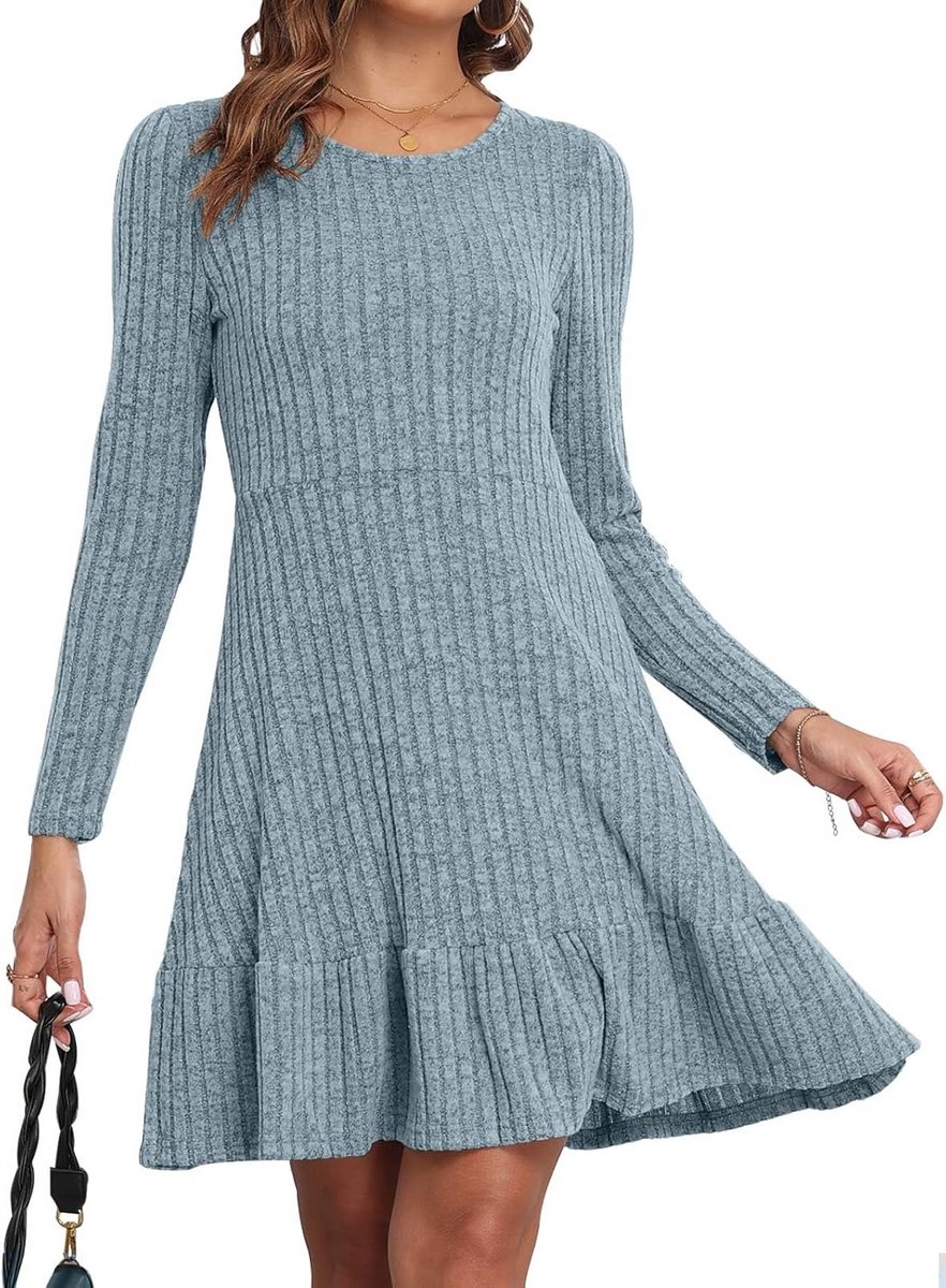 Dames Gebreide Jurk Lange Mouwen Ronde Hals Slim Fit Trui Jurk
