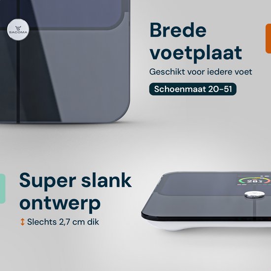 Close-up van de Sacoma weegschaal met brede voetplaat en een extra dun ontwerp van slechts 2,7 cm dik.