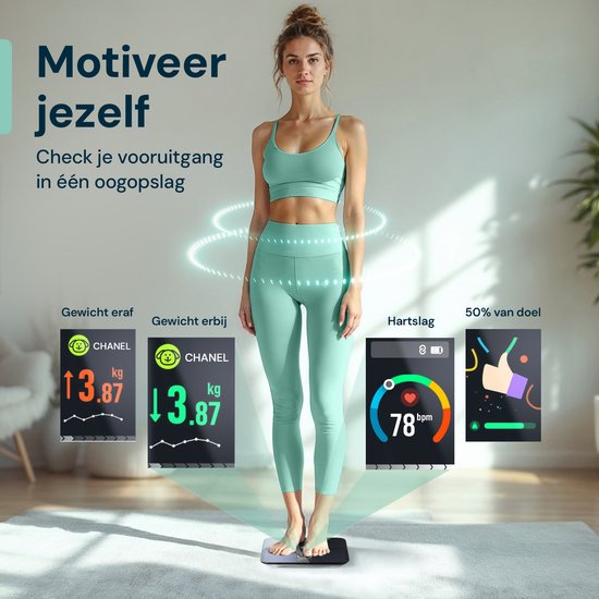 Vrouw in mintgroene sportkleding op een weegschaal, omringd door animaties die gewichtsverlies, -toename en hartslag tonen.