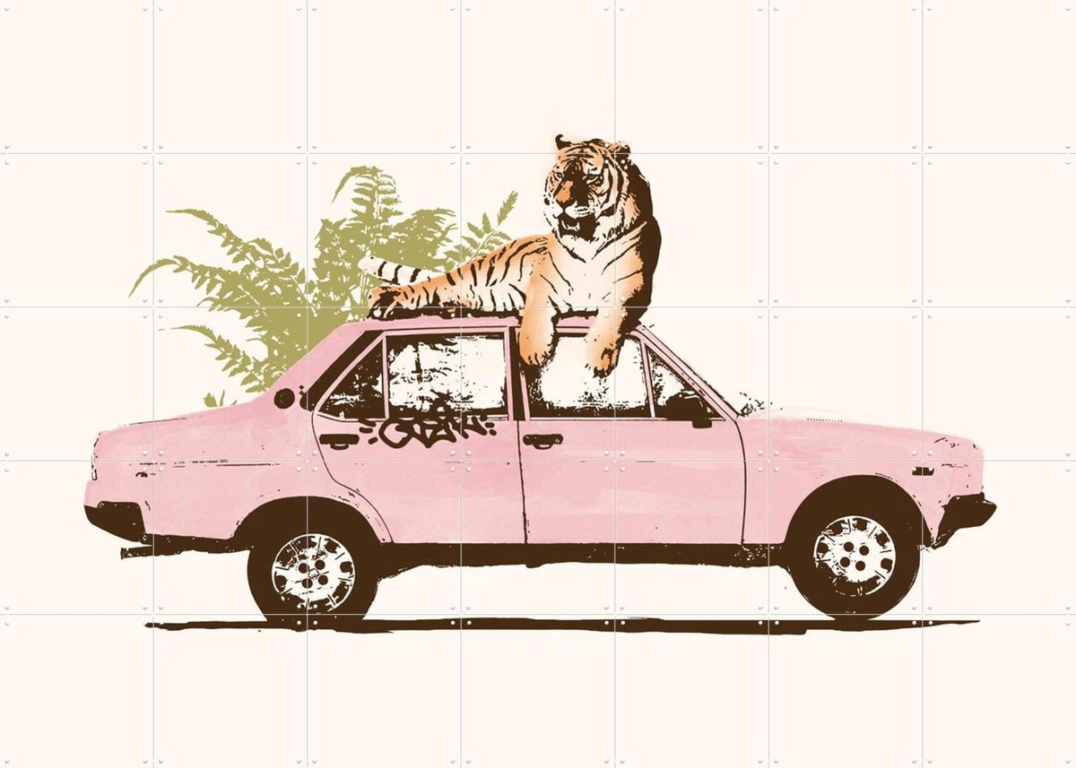 IXXI Tiger on Car, Florent Bodart - 140 x 100 cm - Gratis ophangtool - Grote wanddecoratie en posters - Vintage, Kleurrijk, Speels, Illustraties, Pop