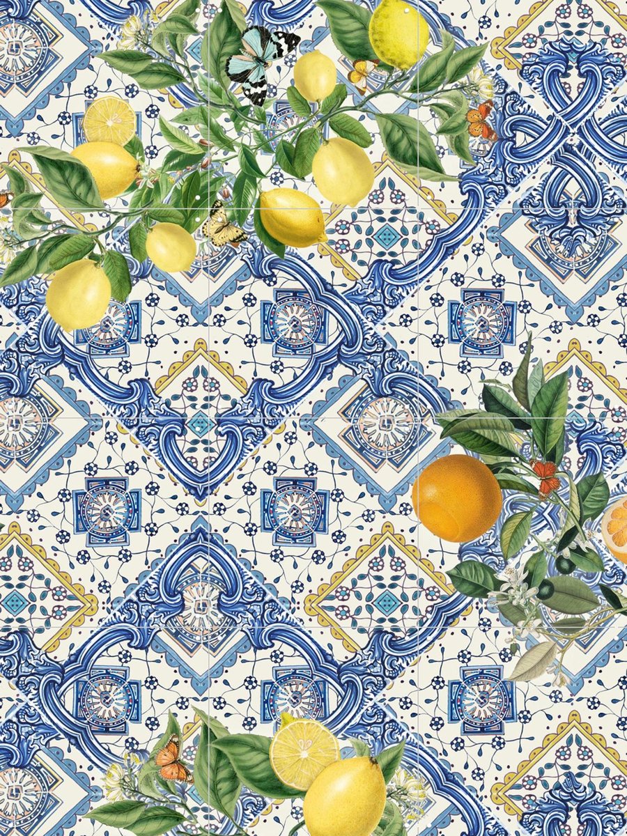 IXXI Mediterranean tiles lemons and oranges III, Bloomery Decor - 60 x 80 cm - Gratis ophangtool - Grote wanddecoratie en posters - Decoratieve