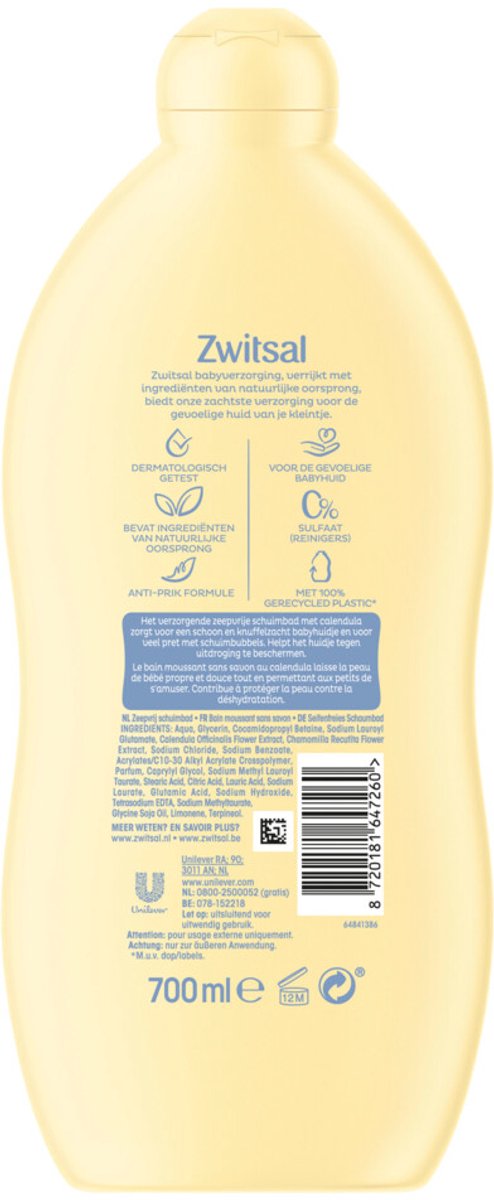 15 x Zwitsal - Schuimbad - Zeepvrij Baby - 700 ml - Babyhuid Reinigen - Zeepvrij Schuimbad - Calendula - Anti-prik - Gevoelige Huid — afbeelding 4