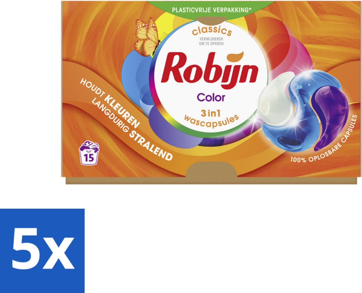 5 x Robijn Wascapsules 3-in-1 Color 15 stuks per verpakking - Kleurbehoud - Wascapsules - Was - Wasverzachter - Biologisch Afbreekbaar