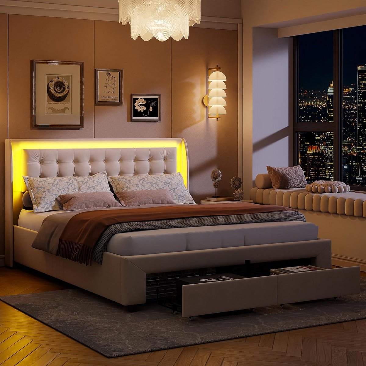 Luxe Tweepersoons Bedframe 180x200 cm met Opbergruimte, Gevoerd Hoofdeinde en LED | Beige
