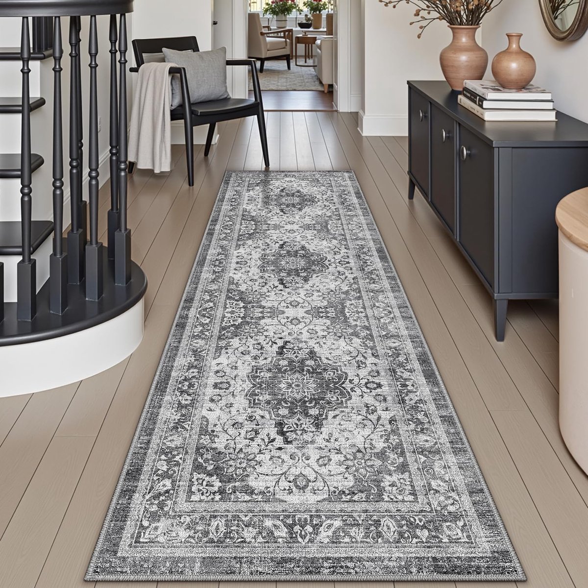 Famanu Voor hal 60 x 150 cm Antislip Lange Vintage Ganglopers Wasbare Absorberende Dunne Bloemen hal loper voor Keuken Wasserij Entree Grijs