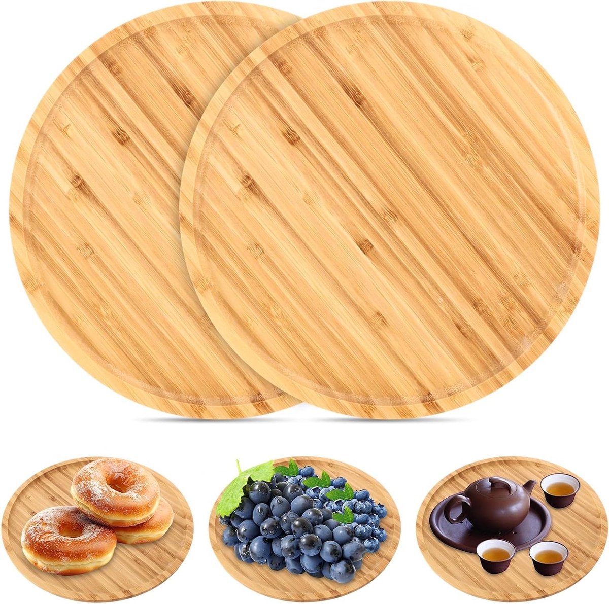 Rond dienblad bamboe, set van 2, 30 cm serveerschaal hout, theeservies, voedsel, planten